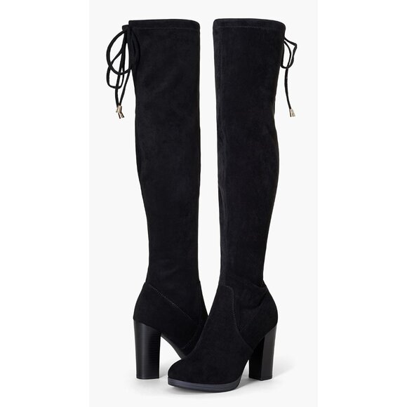 Women's Black-imitation Grain Suede Thigh High Over The Knee Rounded Toe Boot - Picture 5 of 6